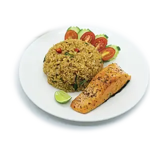 Tomyum fried rice with grilled salmon by cafe de thaan aoan
