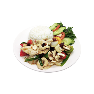 Chicken and cashew nuts served with rice