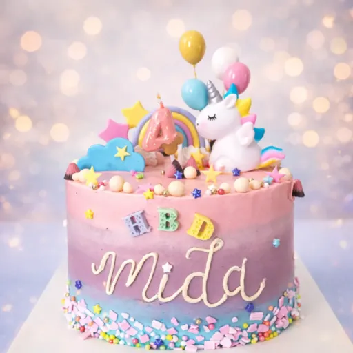 치앙마이 이름을 넣은 파스텔 유니콘 생일 케이크