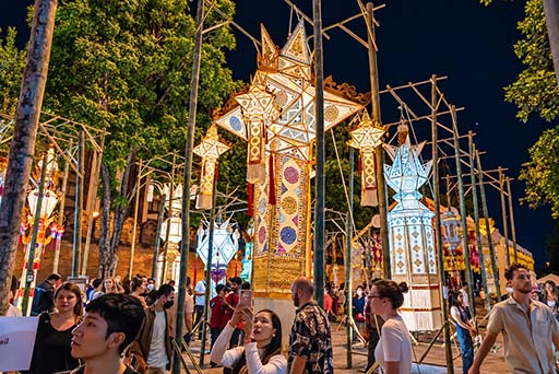 Lantern-lit temple courtyard in Chiang Mai Old City during Yi Peng
